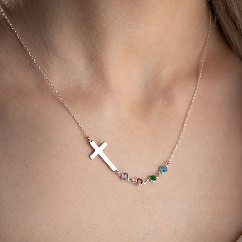 Personalized Birthstone Silver Sideways Cross Necklace, Unique Cross Birthstone Pendant, Religious Birthstone Necklace, Christmas Gift