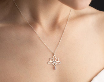 Sterling Silver Lotus Necklace with Birthstone, Lotus Flower Pendant Birthstone Lotus Necklace Mother's Day Necklace May Birthstone Necklace