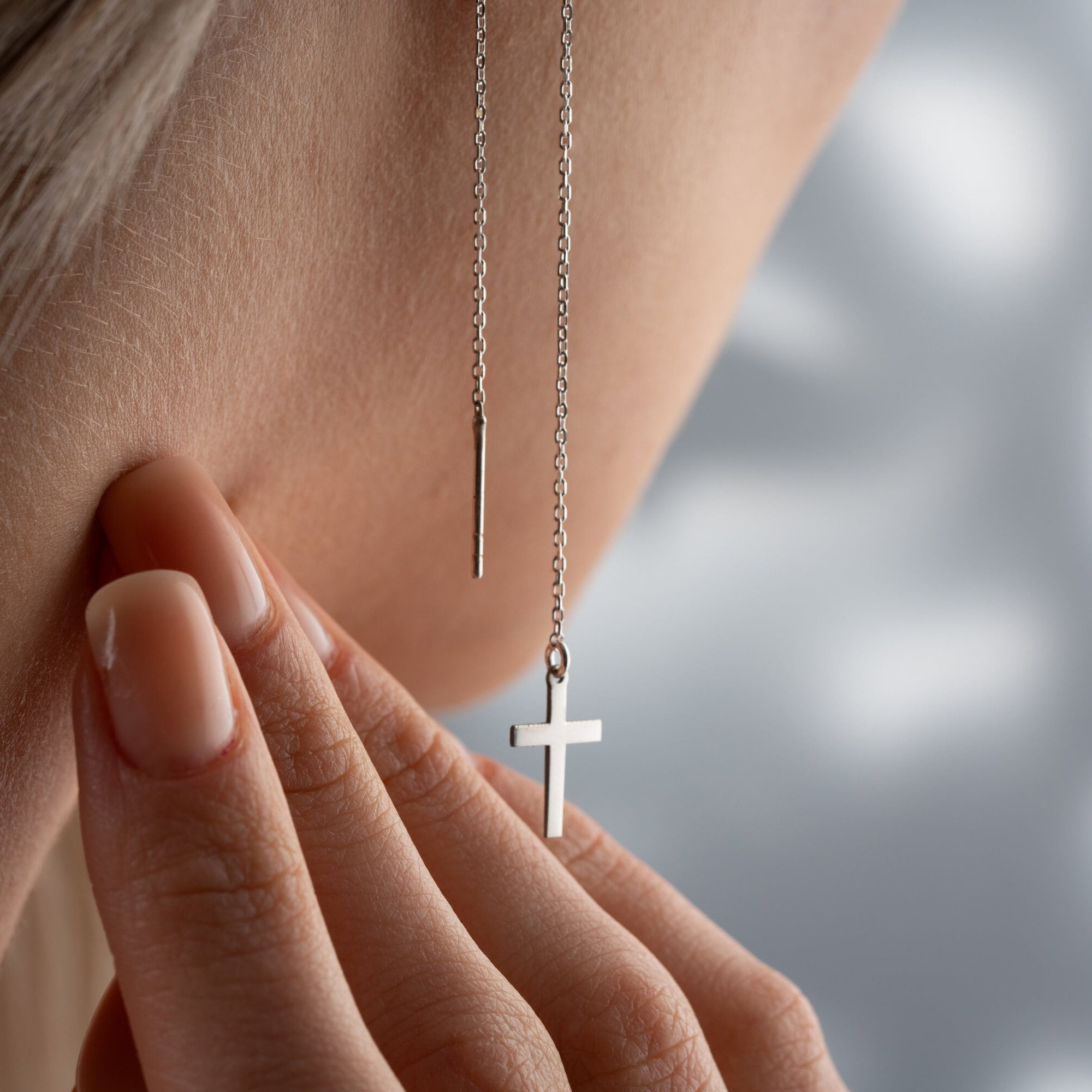 Sterling Silver Tiny Cross Threaders, Cross Threader Earrings, Cross