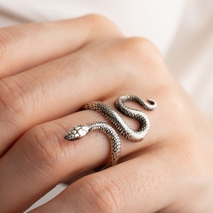 May include: A silver snake ring with a detailed, textured design. The ring is worn on a finger and wraps around the finger.