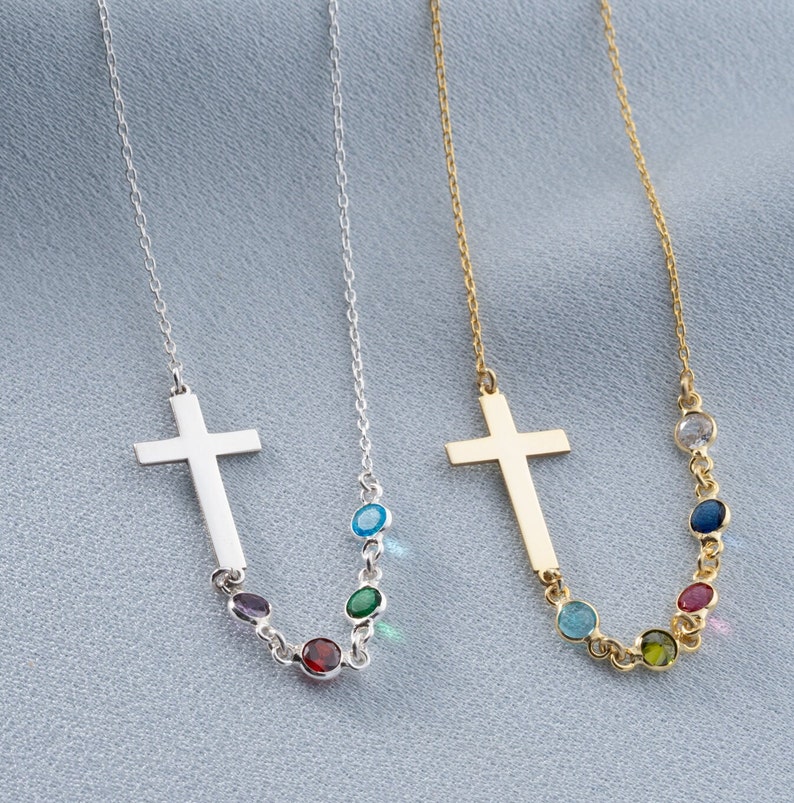 Custom Birthstone Silver Sideways Cross Necklace, Unique Cross Birthstone Pendant, Religious Birthstone Necklace, Birthstone Cross Necklace, Cross Family Birthstone Necklace, Sideways cross necklace with birthstoneCustom