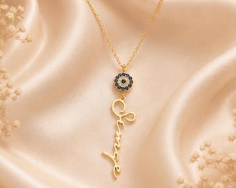 Collana con nome e occhio di Allah, collana con nome personalizzato e occhio di Allah, gioielli delicati, collana con nome verticale personalizzato e occhio di Allah, regalo per la fidanzata