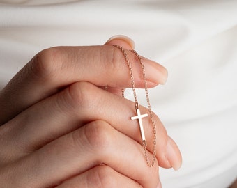 Sideways Cross Necklace, Sterling Silver Sideways Cross Necklace, Delicate Tiny Cross Design, Cross Choker Necklace, Christian Jewelry