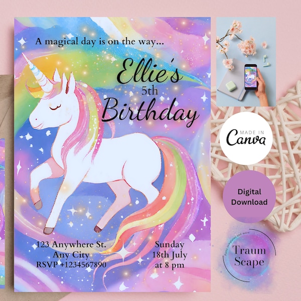 Faire-part d'anniversaire licorne, invitation à une fête licorne, arc-en-ciel magique, fête d'anniversaire de filles, thème arc-en-ciel licorne, modèle modifiable