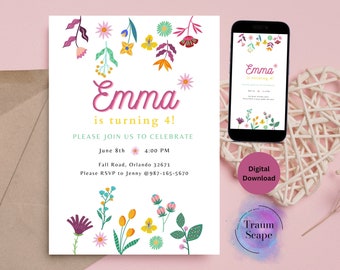 Invito di compleanno con fiori di campo: tema prato colorato (modello modificabile)