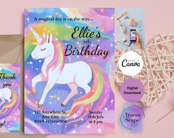 Invitación de cumpleaños de unicornio, invitación a fiesta de unicornio, invitación mágica del arco iris, fiesta de cumpleaños de niñas, tema del arco iris de unicornio, plantilla editable