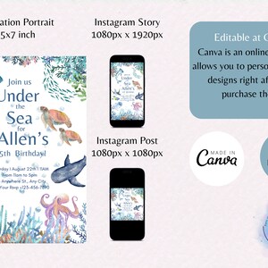 Pu&ograve; includere: Un invito per una festa di compleanno di 5 anni con un tema sottomarino. L'invito presenta un'illustrazione ad acquerello di una variet&agrave; di creature marine, tra cui uno squalo, una razza, un polpo e una tartaruga. Il testo dell'invito recita "Unisciti a noi Sotto il Mare per il 5&deg; compleanno di Allen!" e include la data, l'ora e il luogo della festa.