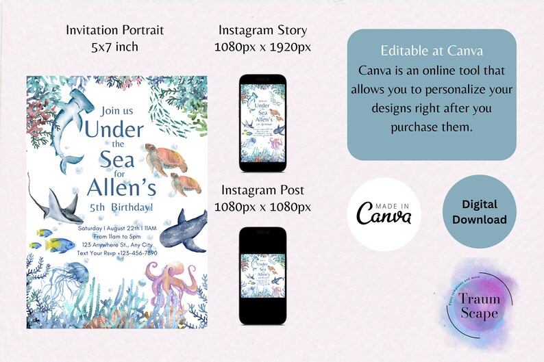 Pu&ograve; includere: Un invito per una festa di compleanno di 5 anni con un tema sottomarino. L'invito presenta un'illustrazione ad acquerello di una variet&agrave; di creature marine, tra cui uno squalo, una razza, un polpo e una tartaruga. Il testo dell'invito recita "Unisciti a noi Sotto il Mare per il 5&deg; compleanno di Allen!" e include la data, l'ora e il luogo della festa.