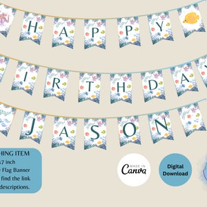 Pu&ograve; includere: Uno striscione stampabile con un tema sottomarino blu, verde e bianco. Lo striscione dice "Buon compleanno Jason".