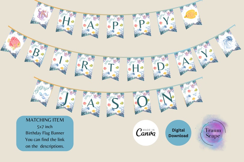 Pu&ograve; includere: Uno striscione stampabile con un tema sottomarino blu, verde e bianco. Lo striscione dice "Buon compleanno Jason".