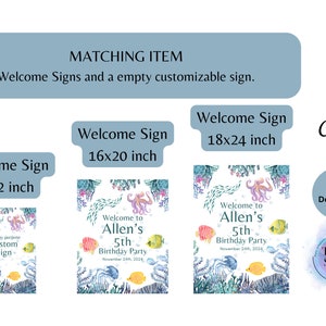 Pu&ograve; includere: Tre cartelli di benvenuto stampabili per una festa di compleanno di 5 anni a tema sottomarino. I cartelli presentano un polpo, pesci e alghe in tonalit&agrave; di blu, verde, viola e giallo. I cartelli sono disponibili in tre dimensioni: 23x30 cm, 41x51 cm e 46x61 cm. Il testo sui cartelli recita "Benvenuti alla festa di compleanno di Allen".