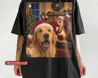 Golden Retriever Christmas Selfie Shirt, Funny Santa Photobomb Graphic Tee, Cute Holiday Sweatshirt Gift for Dog Lovers