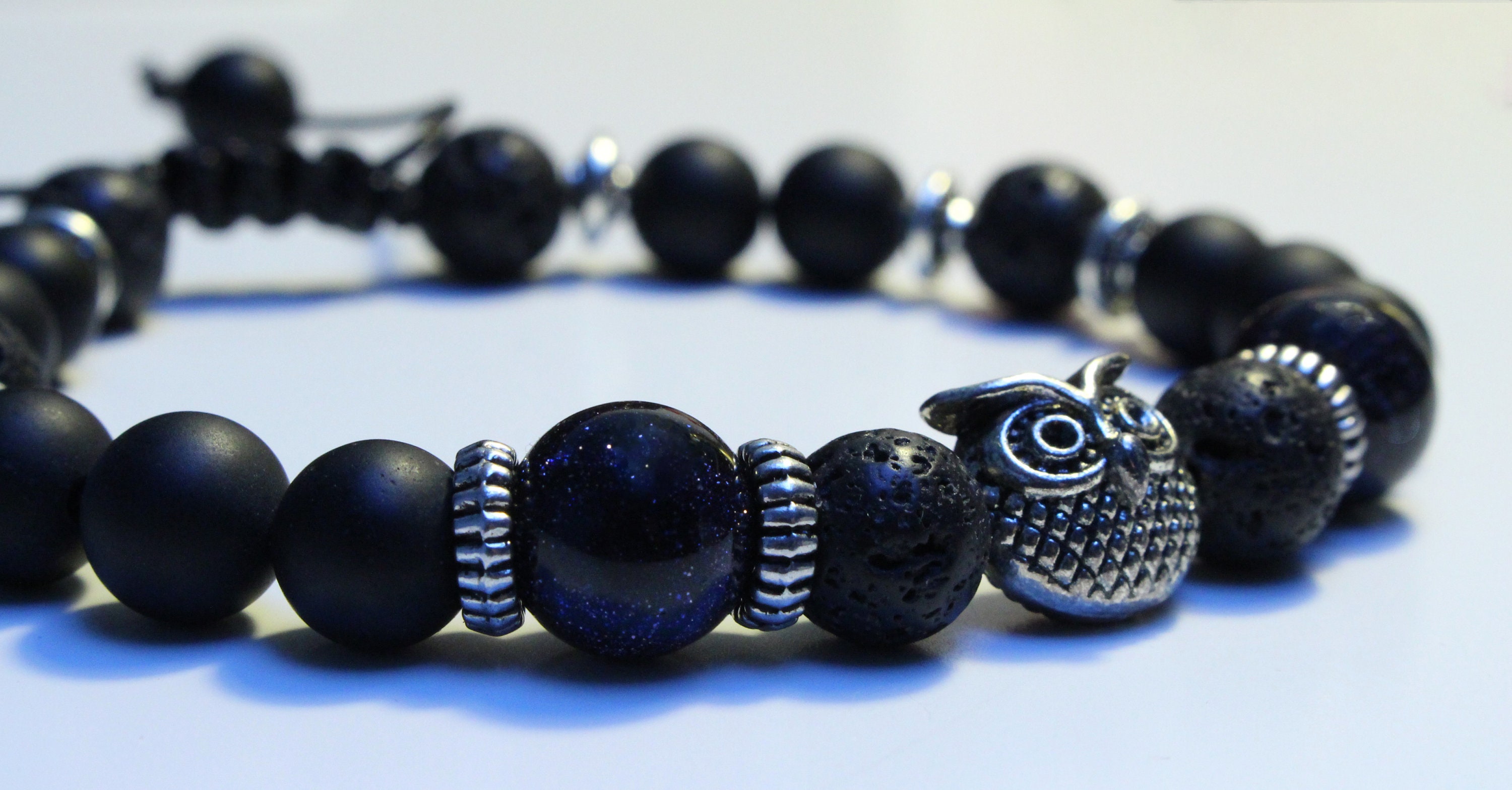 Owl Beaded Gemstone Bracelet with Blue sand, Agate and Lava Beads | Adjustable