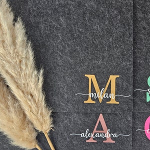 Könnte beinhalten: Vier personalisierte Namensschilder mit großen Anfangsbuchstaben. Die Buchstaben sind in verschiedenen Farben: Gold, Grün, Rosa und Pink. Die Namen sind Milan, Sam, Alexandra und Carla.