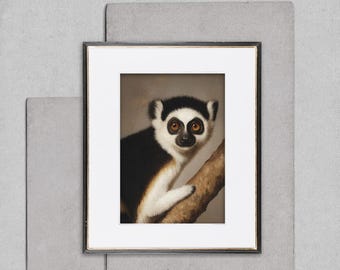 Limited Palette Lemur Wall Art, Neutral Brown Wildlife Print, Minimal Black White Animal Artwork, Muted Fine Art Decor Download, Muted Art