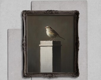 Tonal Bird Wall Art Print, Beige Minimal Pedestal Artwork, Neutral Monochrome Animal Decor, Brown Fine Art Classical Download White Art