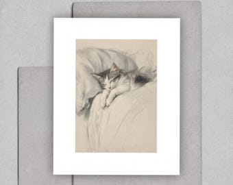 Sleeping Cat Wall Art Print, Neutral Minimal Animal Drawing, Soft Gray Ivory Decor, Calm Cozy Home Art Digital Download White Art Muted Art