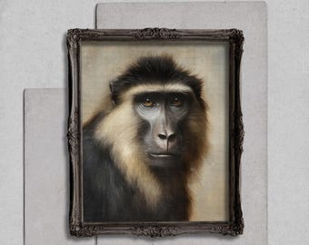 Neutral Monkey Wall Art Print, Tonal Animal Portrait, Beige Minimal Wildlife Decor, Dark Fur Fine Art Modern Download