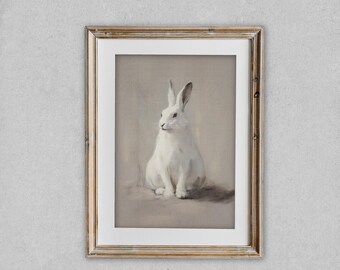 White Bunny Wall Art Print, Neutral Monochrome Drawing, Ivory Beige Minimal Animal Decor, Soft Tonal Fine Art Digital Download