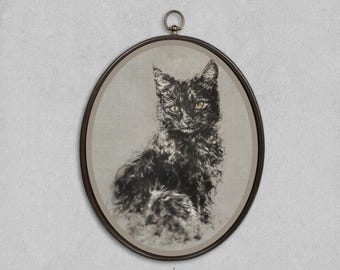 Vintage Charcoal Cat Drawing Print, Neutral Feline Sketch Wall Art, Black and White Scribble Illustration, Moody Minimal Decor Moody Animal