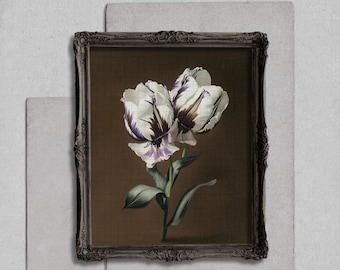 Moody Tulip Wall Art Print, White Flower Still Life, Dark Botanical Decor, Brown Linen Background Vintage Floral Artwork Download Dark Moody