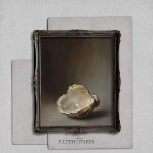 May include: A framed painting featuring a seashell with a pearl inside. The painting has a dark brown ornate frame and is set against a neutral background. The text "FAITH PRESS" is at the bottom.