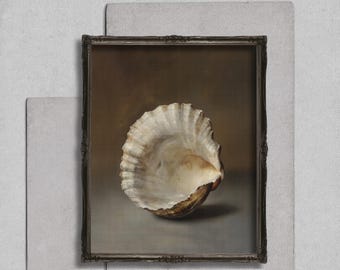 Neutral Shell Wall Art Print, Minimal Coastal Still Life, Beige Brown Tones with Silver, Modern Luxury Decor Digital Download, Muted Art