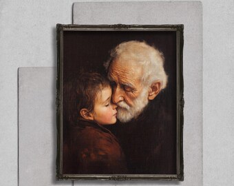 Grandfather Child Wall Art Print, Brown Tonal Portrait, Old Master Style Rembrandt Inspired, Emotional Family Fine Art Download, Fine Art