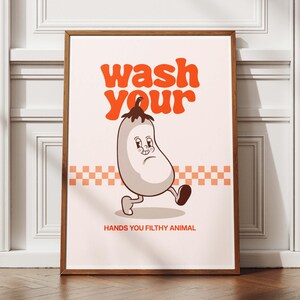 Lávate las manos, animal inmundo, póster de baño con berenjena, impresión de inodoro con cita divertida, diseño positivo de arte de dibujos animados, regalo retro vintage
