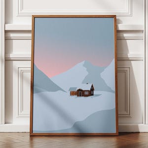 Affiche en papier paysage de montagne, art mural cabane en bois, cadeau botanique pour amoureux de la nature, décoration d'intérieur romantique, coucher de soleil levant, impression minimaliste