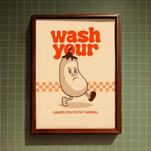 Póster minimalista de papel con diseño de berenjena, ideal para lavarse las manos, decoración de cocina y baño, regalo de estilo retro de dibujos animados, impresión artística para pared, ideal para el hogar y la oficina.