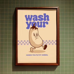 Póster minimalista de berenjena con texto "Lávate las manos", decoración para cocina y baño, regalo de dibujos animados retro, impresión artística para pared, para el hogar y la oficina.
