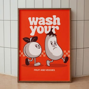 Waschen Sie Ihr Obst und Gemüse, Aubergine Pfirsich Erwachsene Haus Badezimmer Poster, lustiges Zitat Toilette Print, Cartoon Art Positive Retro Vintage Geschenk
