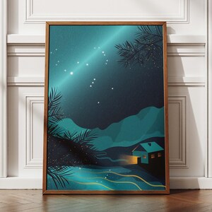 Poster Berge bei Nacht, Sternenhimmel, Hütte & See, mysteriöses Design, dunkle Farben, Wohnzimmer Kunst, Wanddeko, Natur, modernes Zuhause