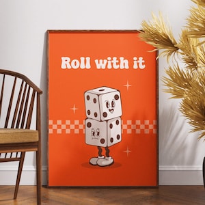 Dice Retro Groovy Vintage Decor Print Poster Maximalist Cartoon Spielbrett Roll With It 80s 70s Zitat Cottagecore Lustige Gamer Videospiele