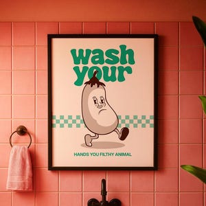 Póster minimalista de berenjena con texto "Lávate las manos", decoración para cocina y baño, regalo de dibujos animados retro, impresión artística para pared, para el hogar y la oficina.