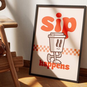 Póster de cafetería, impresión de barista, decoración de pared de cocina, arte vintage hogareño con estilo, personaje de dibujos animados minimalista, Sip Happens, cita retro divertida