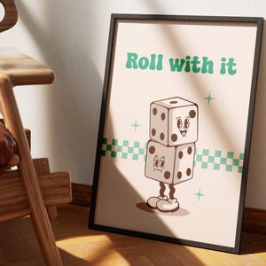 Póster de pared con diseño de dados retro y moderno, con dibujos animados minimalistas, cita de los años 80 y 70, estilo cottagecore, divertido, para jugadores, para una noche de juegos de mesa.