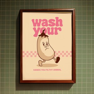 Póster minimalista de berenjena con texto "Lávate las manos", decoración para cocina y baño, regalo de dibujos animados retro, impresión artística para pared, para el hogar y la oficina.
