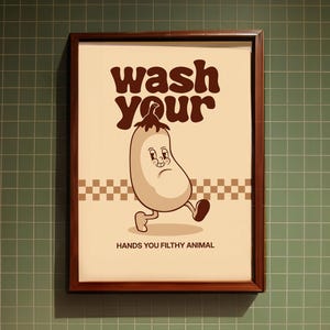 Póster minimalista de berenjena con texto "Lávate las manos", decoración para cocina y baño, regalo de dibujos animados retro, impresión artística para pared, para el hogar y la oficina.
