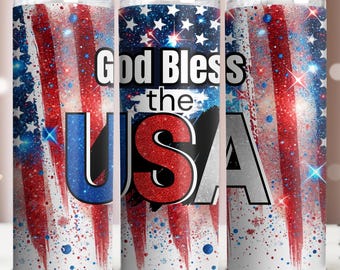 Gud välsigne USA patriotiska 20 oz smal tumbler sublimeringsdesign digital nedladdning PNG omedelbar digital endast, tumblerwrap