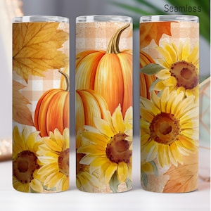 Fall Pumpkin Sunflower 20 oz Skinny Tumbler Sublimation Design Straight Tumbler Wrap Digital Download PNG, Autumn Leaves