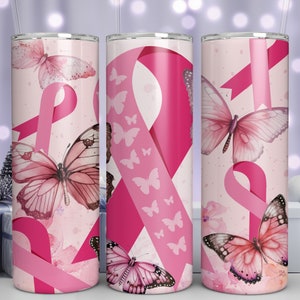 Breast Cancer Awareness Butterfly 20 oz Skinny Tumbler Sublimation Design Straight Wrap Digital Download PNG, Pink Ribbon Awareness Design