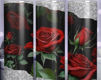 Floral Rose 20 oz Skinny Tumbler Sublimation Design Straight Tumbler Wrap Digital Download PNG, Red Floral Tumbler Design