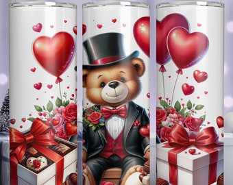 Valentines Bear Gifts 20 oz Skinny Tumbler Sublimation Design Straight Tumbler Wrap Digital Download PNG Heart Balloons Tumbler Design
