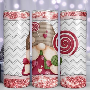 Gnomo di Natale 20 oz Skinny Tumbler Sublimation Design Dritto Tumbler Wrap Download digitale PNG istantaneo SOLO DIGITALE, Gnomo con caramelle