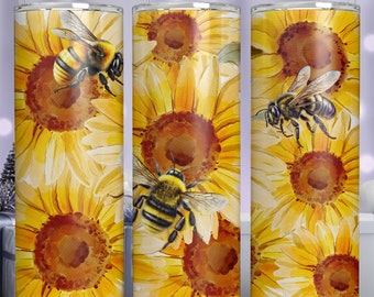 Sunflower Honeybee 20 oz Skinny Tumbler Sublimation Design Straight Tumbler Wrap Digital Download PNG, Flower Bee Design Wrap
