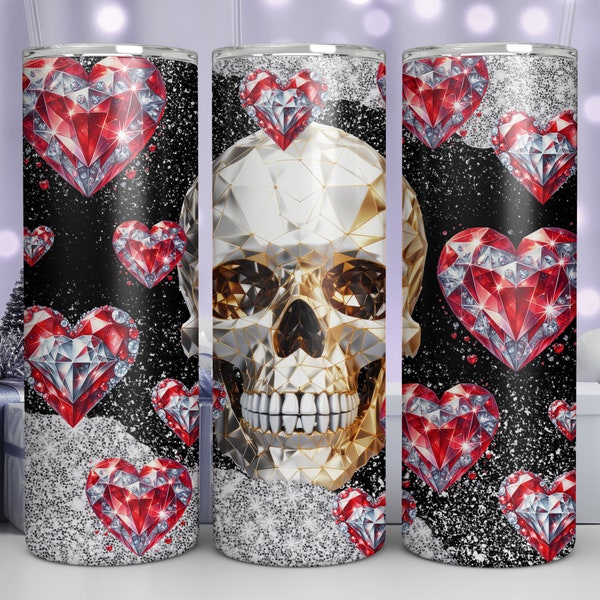 Skull Diamond Heart 20 oz Skinny Tumbler Sublimation Design Straight Tumbler Wrap Digital Download PNG, Valentines Skull Tumbler Design