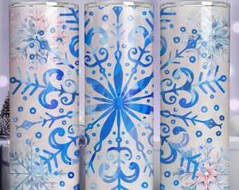 Blue Snowflakes 20 oz Skinny Tumbler Sublimation Design Straight Tumbler Wrap Digital Download PNG, Winter Christmas Tumbler Design