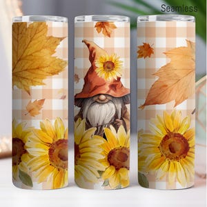 Fall Gnome Sunflower 20 oz Skinny Tumbler Sublimation Design Straight Tumbler Wrap Digital Download PNG, Sunflower and Fall Leaves